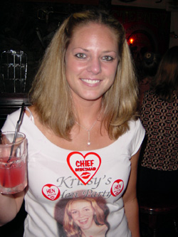 Chief Bridesmaid Billie, adorned with silly stickers, sucking down a Mai Tai. Or was it a Cosmopolitan? Probably both.