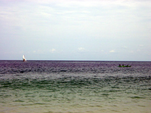 Slightly stormy. Catamaran on the horizon to the left, kayak over towards the right. We had a go on both. Brilliant fun, especially the Cat.